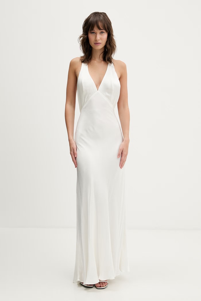Viskózové šaty Bardot maxi béžová 60133DB