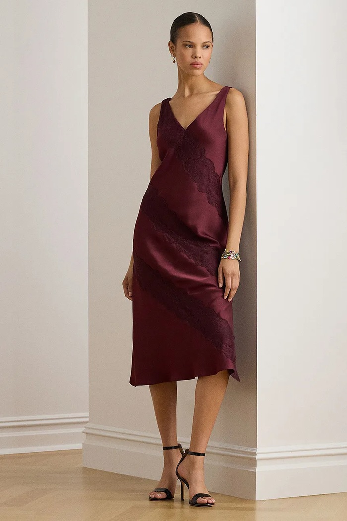 Φόρεμα Lauren Ralph Lauren λεπτό μοτίβο μπορντό 253P03568