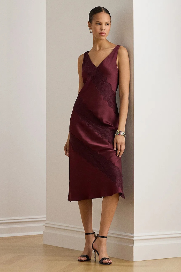 Φόρεμα Lauren Ralph Lauren λεπτό μοτίβο μπορντό 253P03568