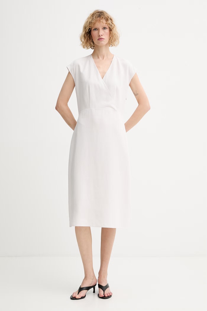 Calvin Klein letné šaty s prímesou ľanu béžová LV044F016G