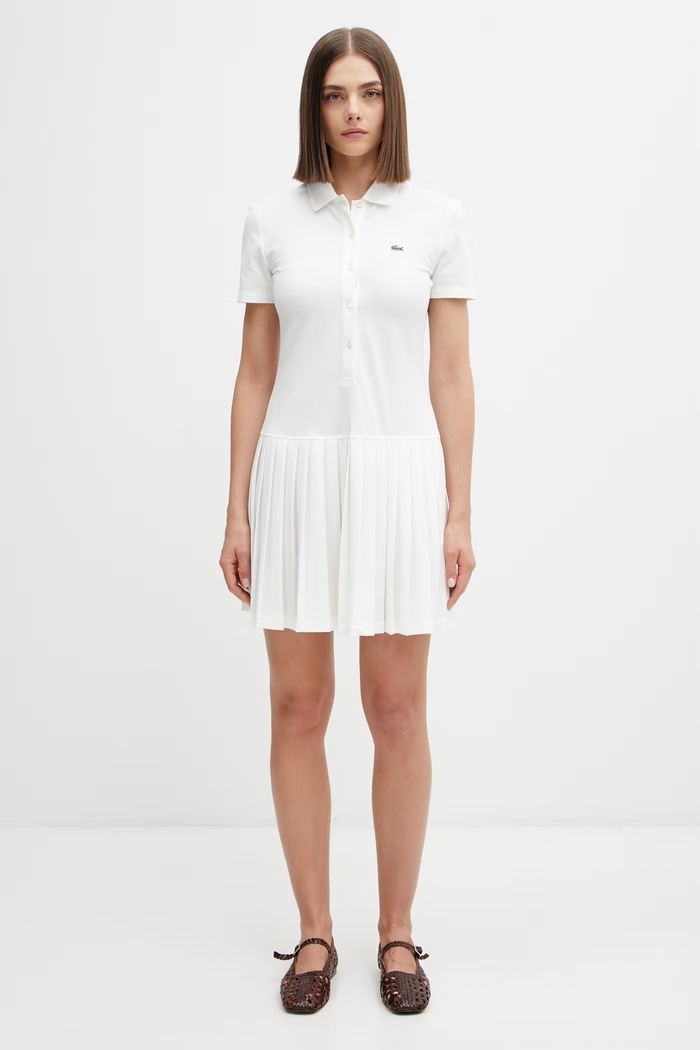 Lacoste sukienka gładka z bawełną beżowy EF1822