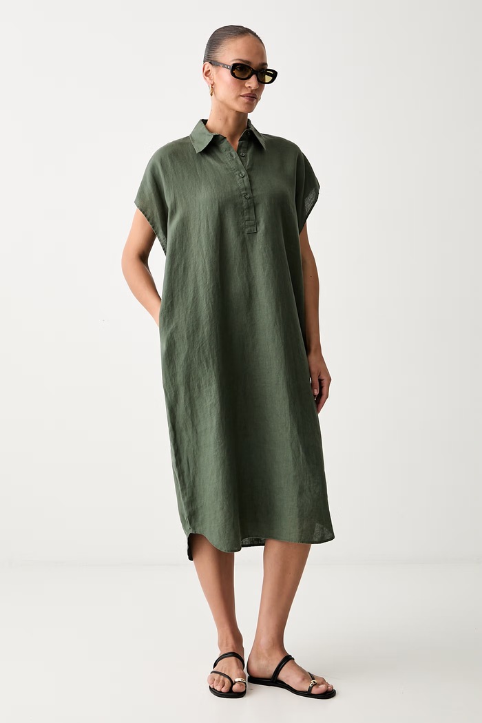 United Colors of Benetton sukienka letnia lniana 4AGHDV0C6 zielony SS26