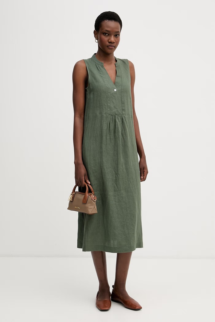 United Colors of Benetton sukienka letnia lniana 4AGHDV0CD zielony SS26