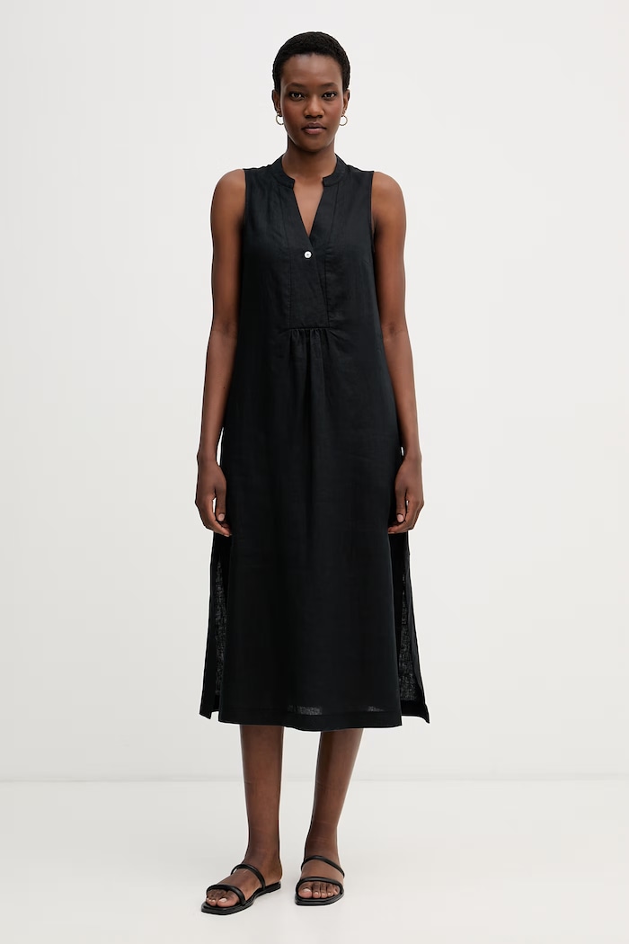 United Colors of Benetton sukienka letnia lniana 4AGHDV0CD czarny SS26