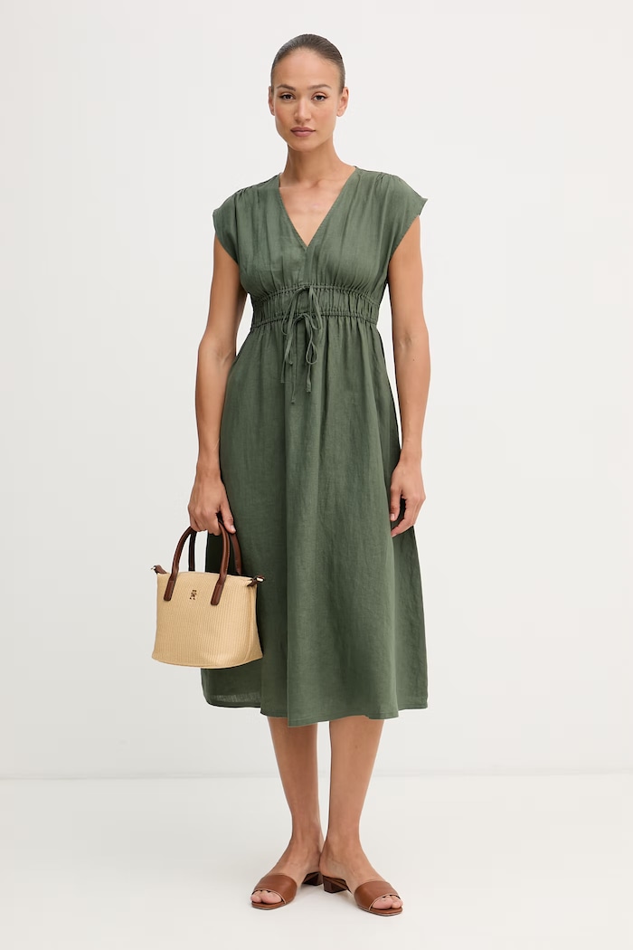 United Colors of Benetton sukienka lniana 4AGHDV0CK zielony SS26
