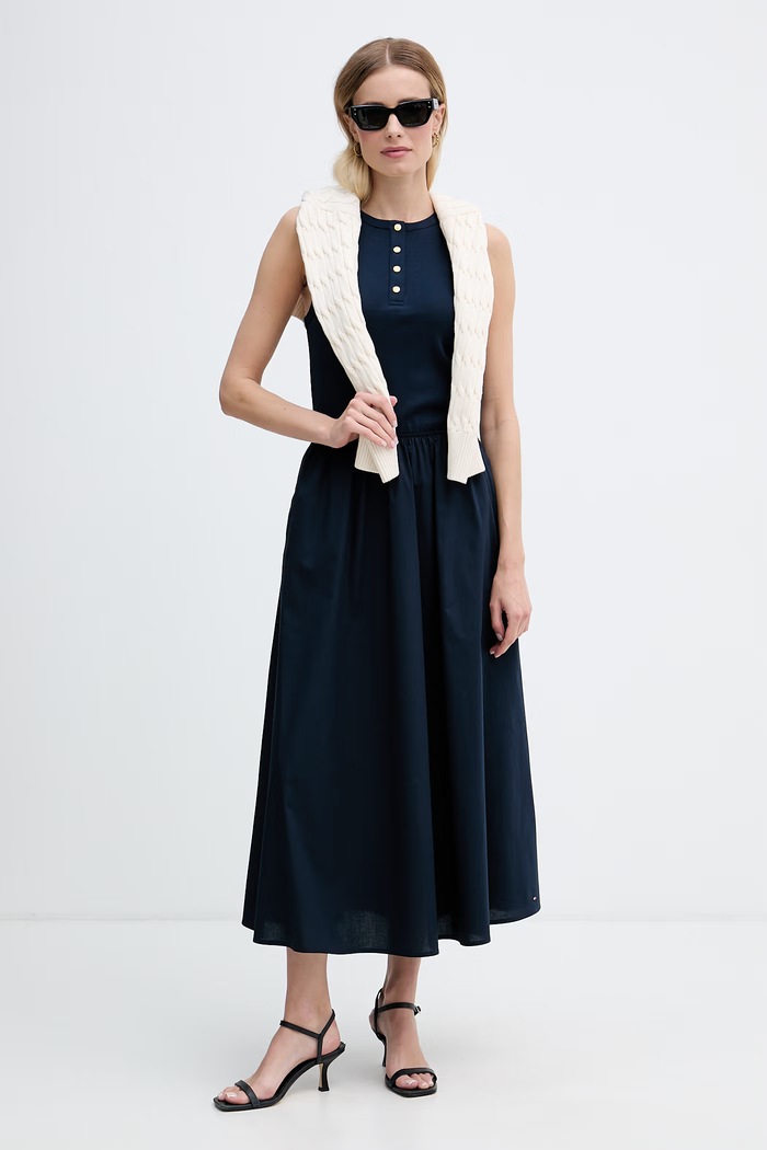 Tommy Hilfiger rochie evazată din bumbac WW0WW49628 bleumarin SS26