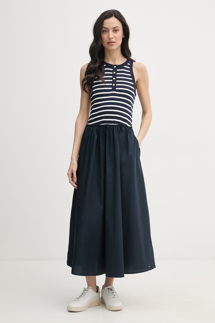 Tommy Hilfiger šaty s rozšíreným strihom bavlnené tmavomodrá WW0WW49628