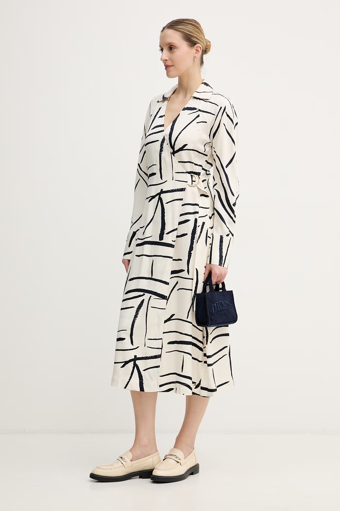 Tommy Hilfiger sukienka kopertowa z wiskozy WW0WW48934 beżowy SS26