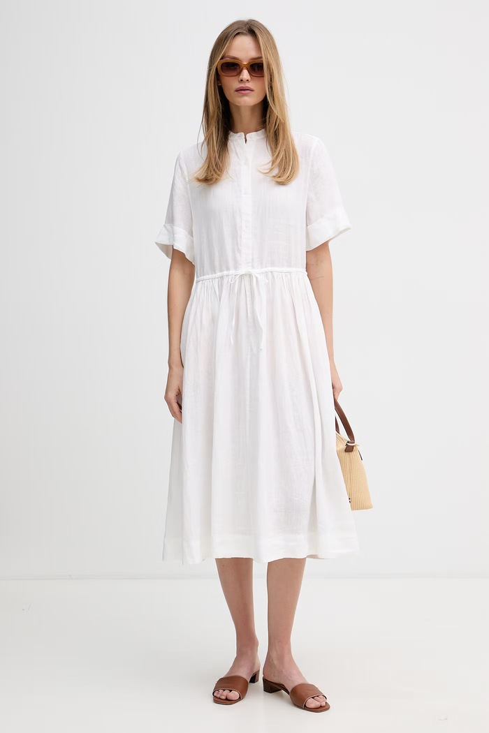 Tommy Hilfiger letné šaty ľanové WW0WW49633 béžová SS26