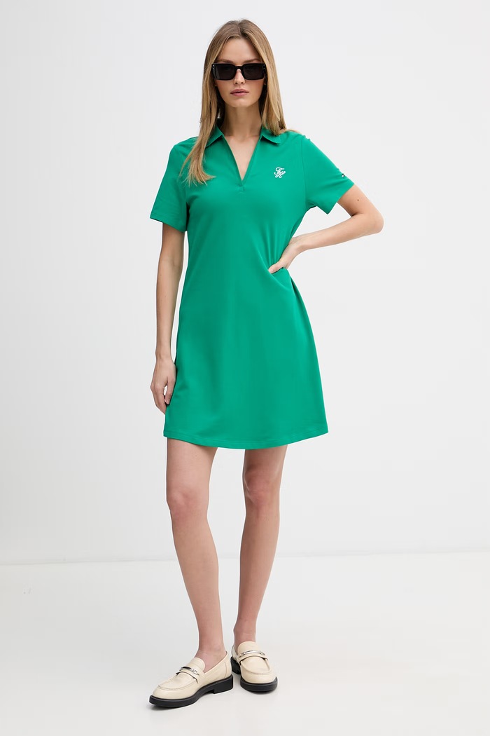 Tommy Hilfiger šaty bavlnené s elastanom WW0WW48749 zelená SS26