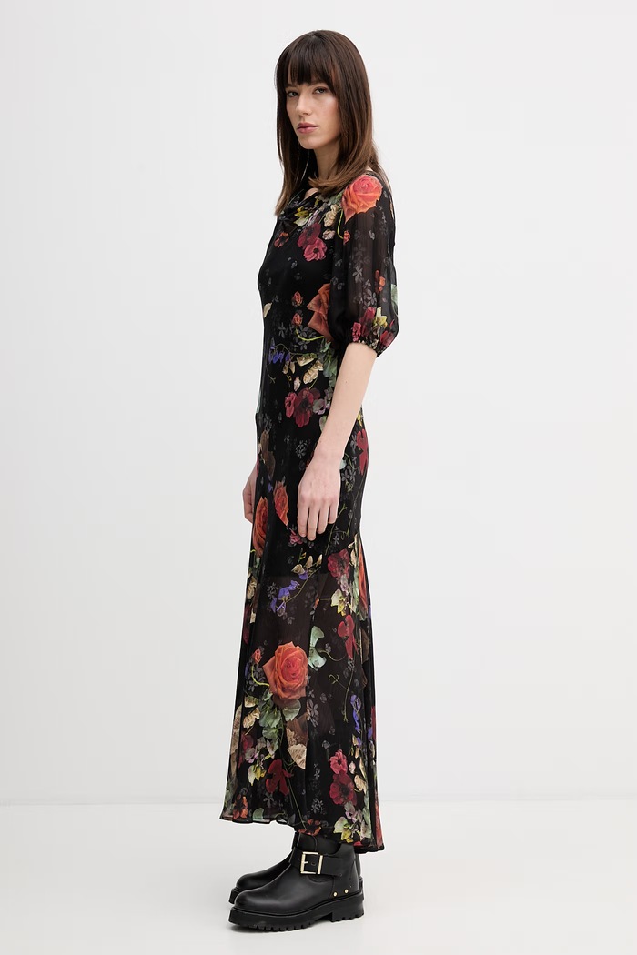 Šaty s prímesou hodvábu AllSaints TIWA W013DE čierna SS26