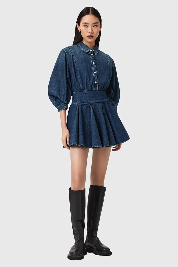 AllSaints šaty s rozšíreným strihom rifľové ARLO modrá W015DE