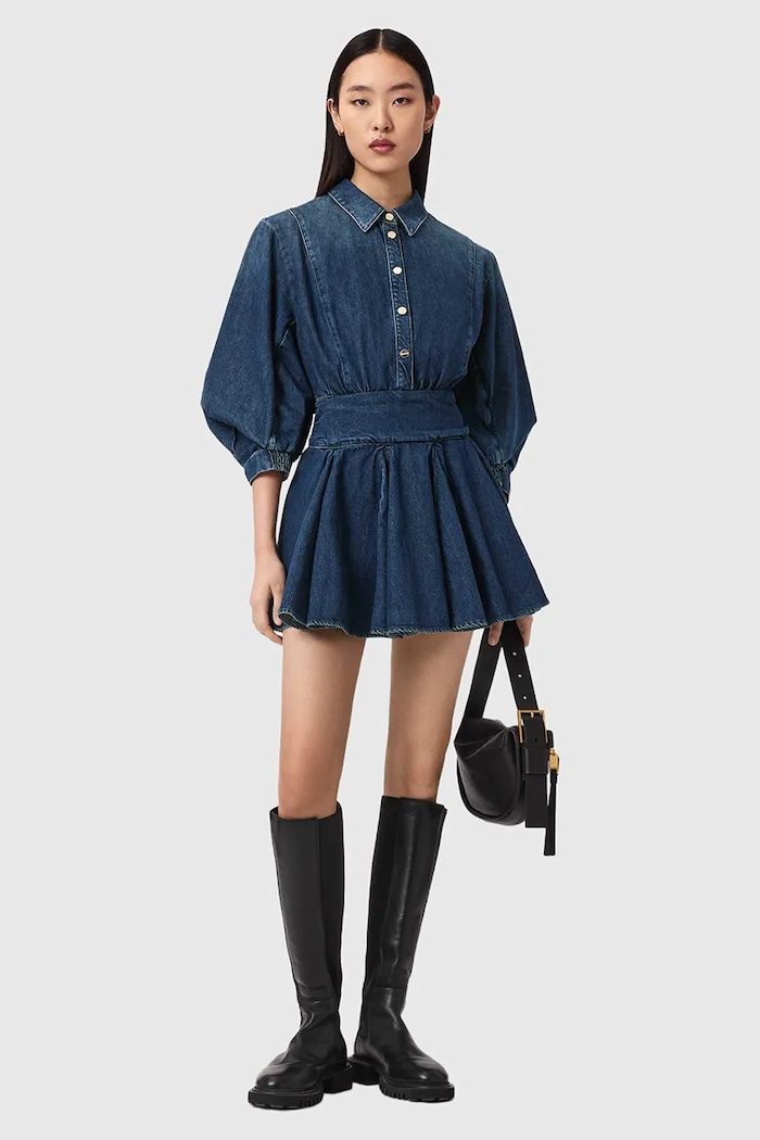 Oblečenie AllSaints šaty s rozšíreným strihom rifľové ARLO W015DE modrá