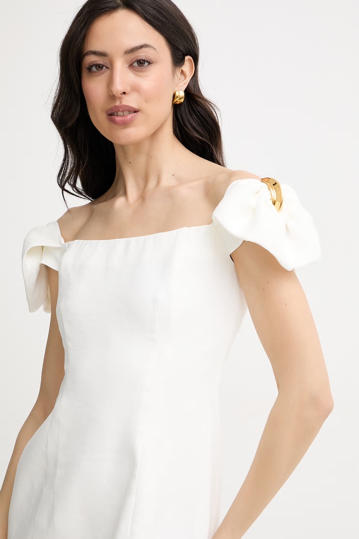 Elisabetta Franchi φόρεμα με ανοιχτό μέτωπο με λινό μπεζ AB96862E2
