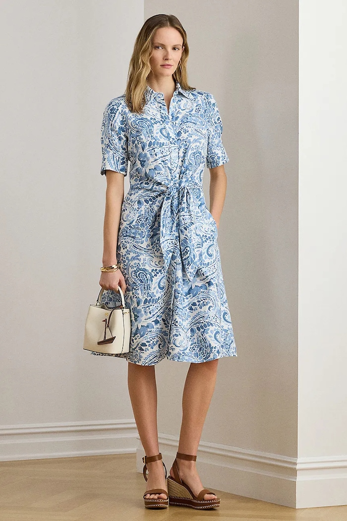 Lauren Ralph Lauren sukienka lniana trzy czwarte niebieski 200P08916