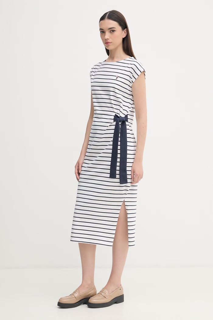U.S. Polo Assn. sukienka bawełniana GROWN ON SLEEVE TIE-DETAIL STRIPE MIDI WUP2262 biały SS26