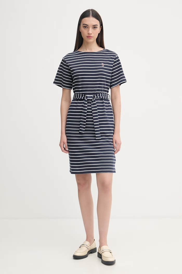 U.S. Polo Assn. φόρεμα βαμβακερό BOAT NECK BOXY SLEEVE STRIPE MIDI σκούρο μπλε WUP2263