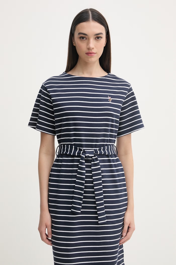 U.S. Polo Assn. φόρεμα βαμβακερό BOAT NECK BOXY SLEEVE STRIPE MIDI σκούρο μπλε WUP2263