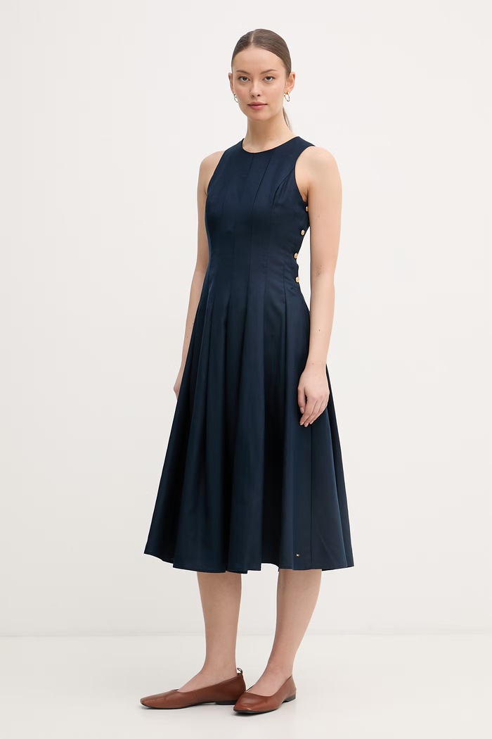 Tommy Hilfiger sukienka z lnem granatowy WW0WW49055