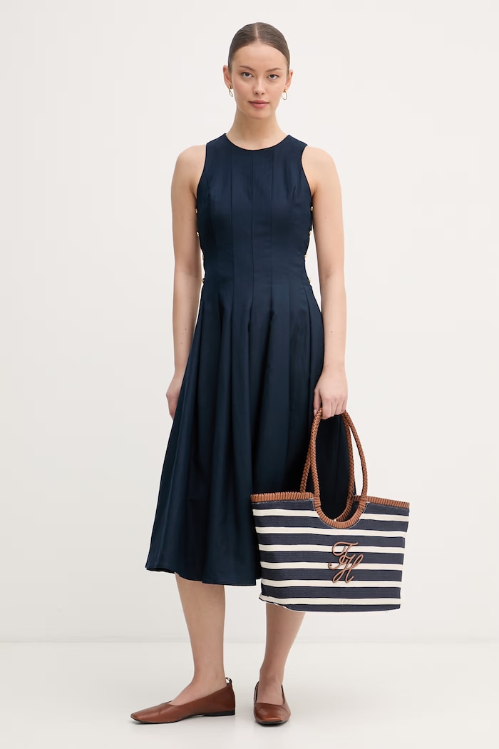 Tommy Hilfiger sukienka z lnem WW0WW49055 granatowy SS26