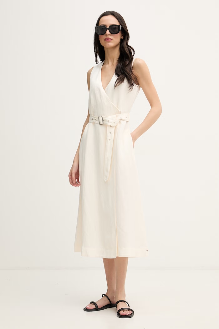 Tommy Hilfiger рокля с лен WW0WW48951 бежов SS26