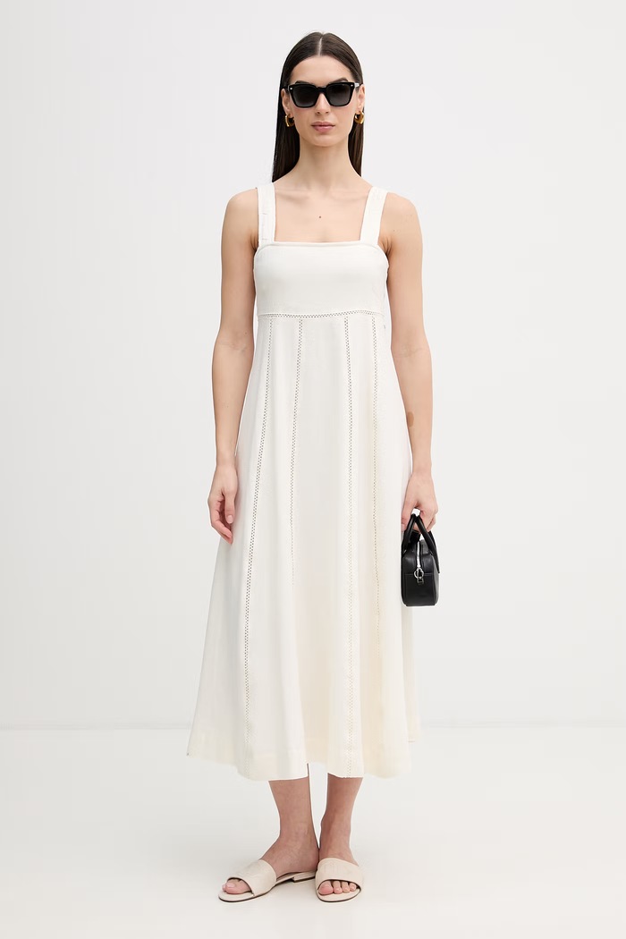 Šaty s prímesou ľanu Dkny DJ6D9174 béžová SS26