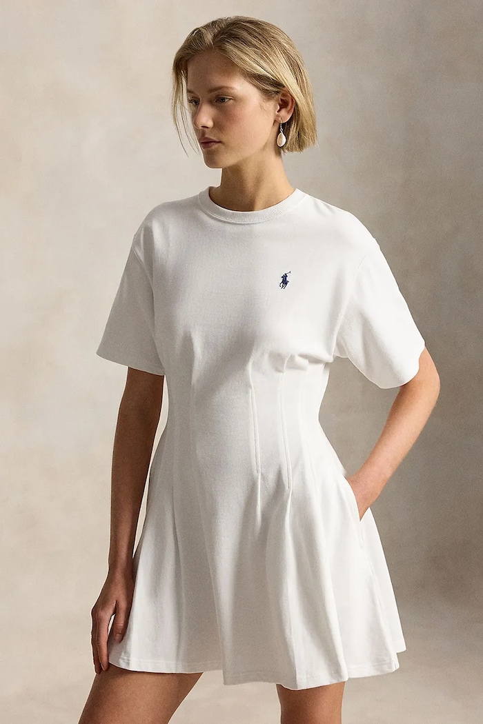 Дрехи Polo Ralph Lauren JERSY-KNT-DRESSES разкроена рокля от памук 211A96342002 бял