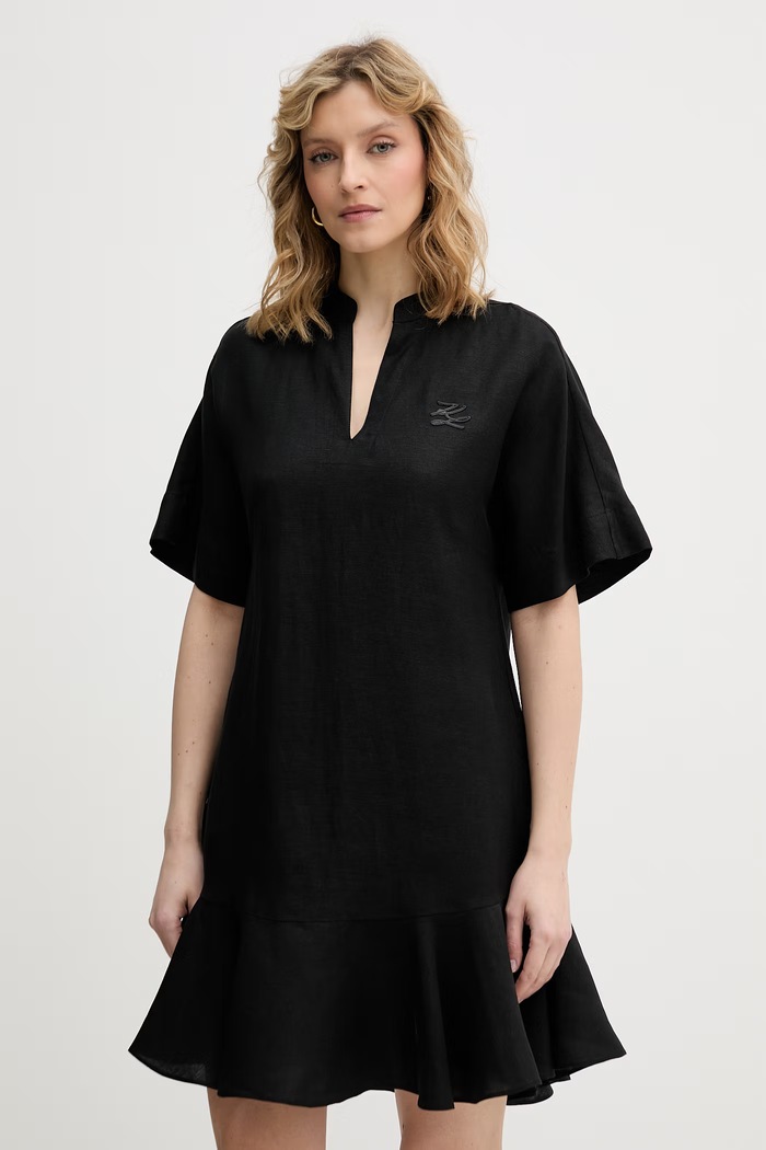 Šaty s ľanom Karl Lagerfeld B2W13028 čierna SS26