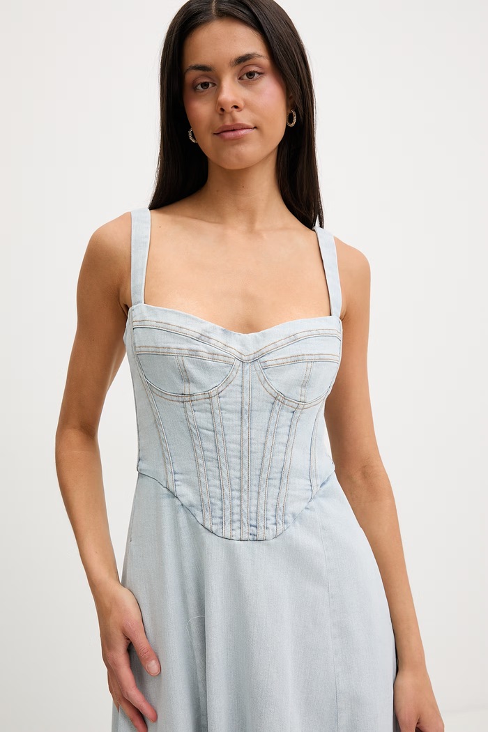 Bardot rochie princess din denim albastru 91413DB2