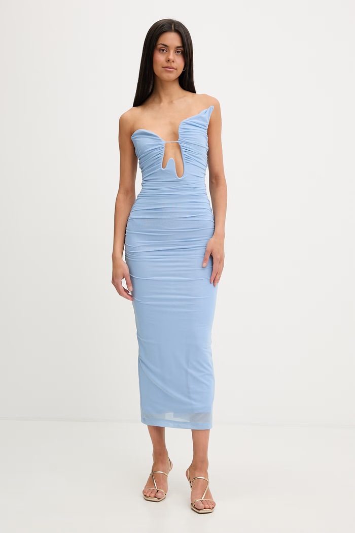 Bardot rochie drapată 60331DB albastru SS26