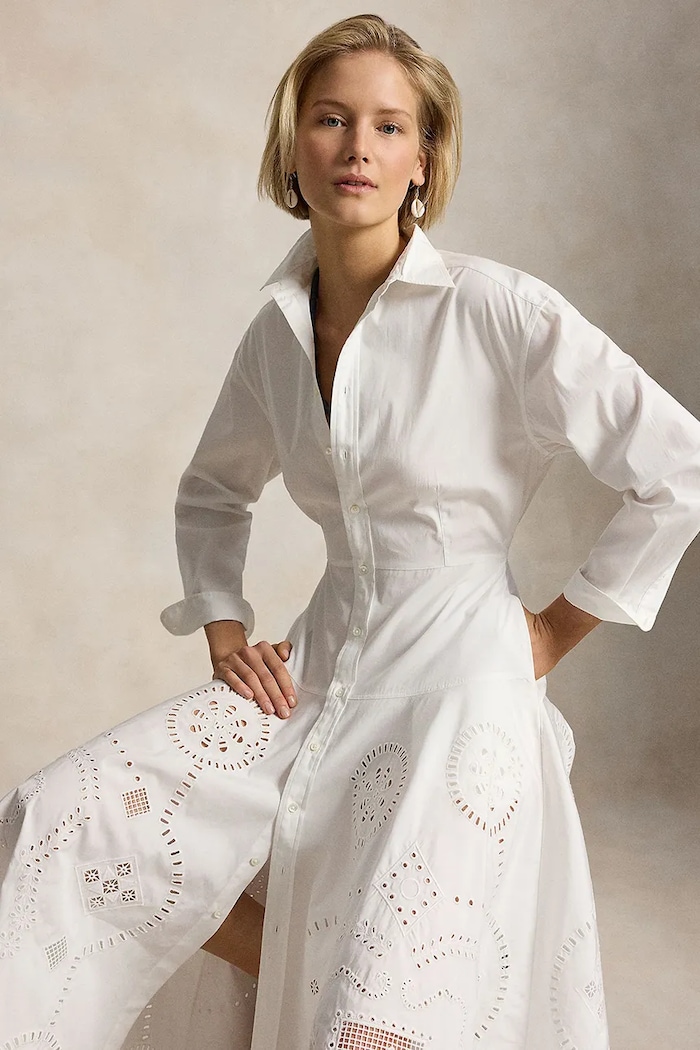 Odzież Polo Ralph Lauren sukienka rozkloszowana ażurowa 211A12925 biały