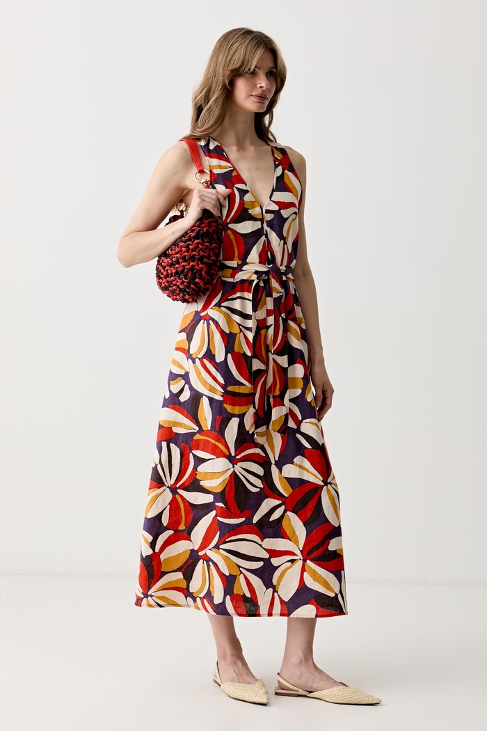 United Colors of Benetton sukienka letnia lniana 41GADV0CS czerwony SS26
