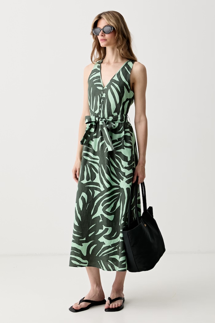 United Colors of Benetton sukienka letnia lniana 41GADV0CS zielony SS26