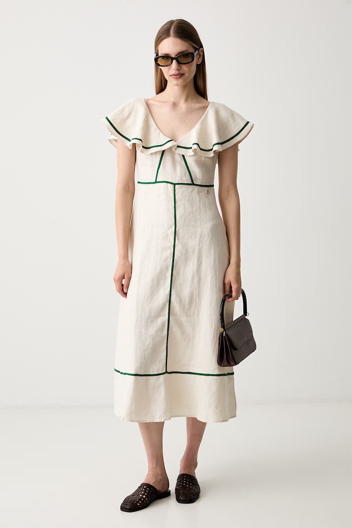 Pedro del Hierro sukienka rozkloszowana lniana 3813583 beżowy SS26