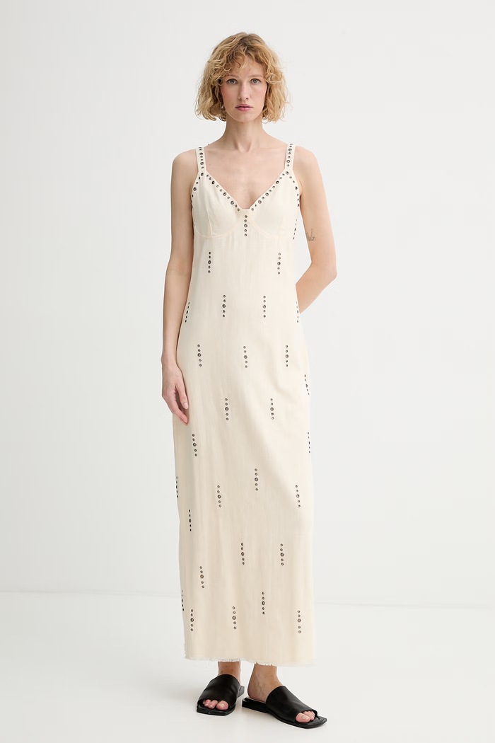 rag & bone šaty s ľanom Aubrey RA6526S3MSW béžová SS26