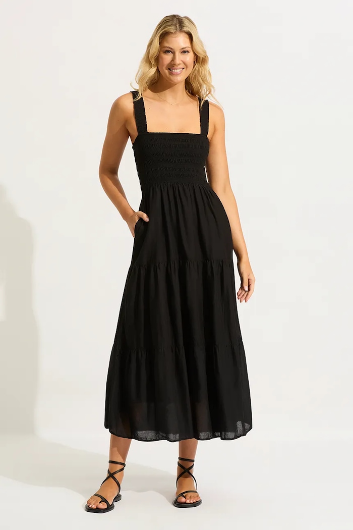 Seafolly rochie din bumbac Faithful Midi Dress negru 54865.DR
