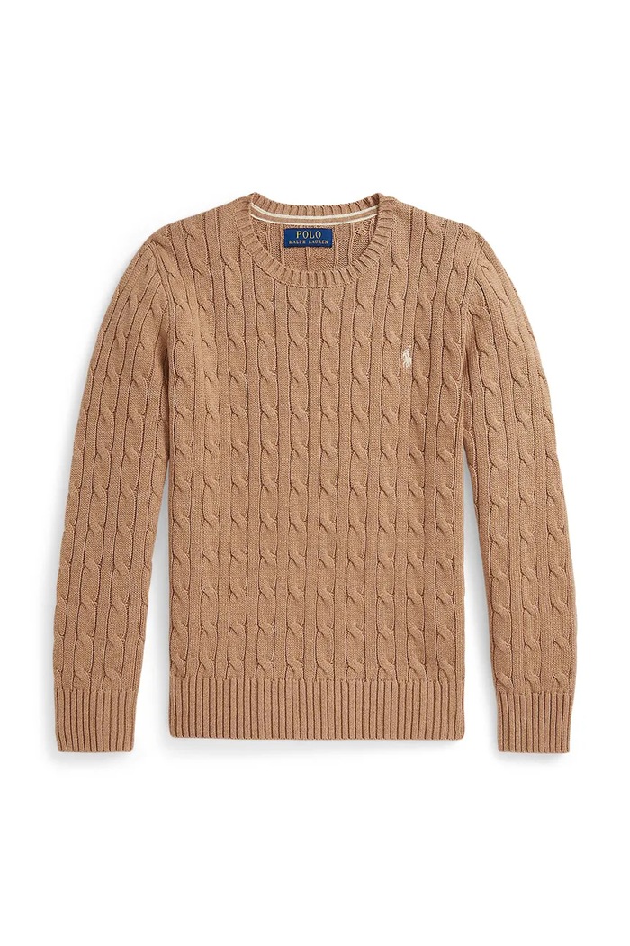 Детски памучен пуловер Polo Ralph Lauren ситен бежов 323702674504