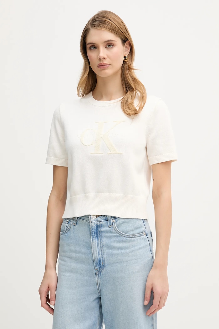 Памучна тениска Calvin Klein Jeans щампа бежов LV044E306G