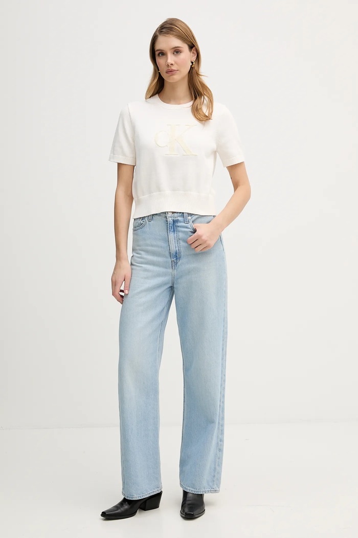 Памучна тениска Calvin Klein Jeans LV044E306G бежов SS26
