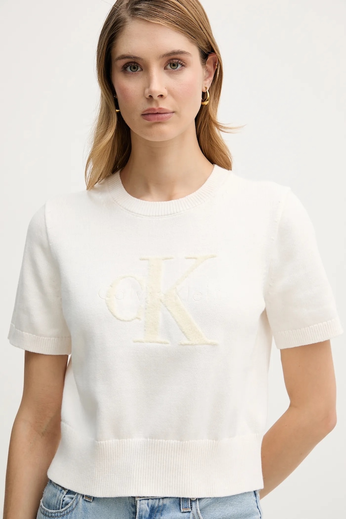 Памучна тениска Calvin Klein Jeans бежов LV044E306G