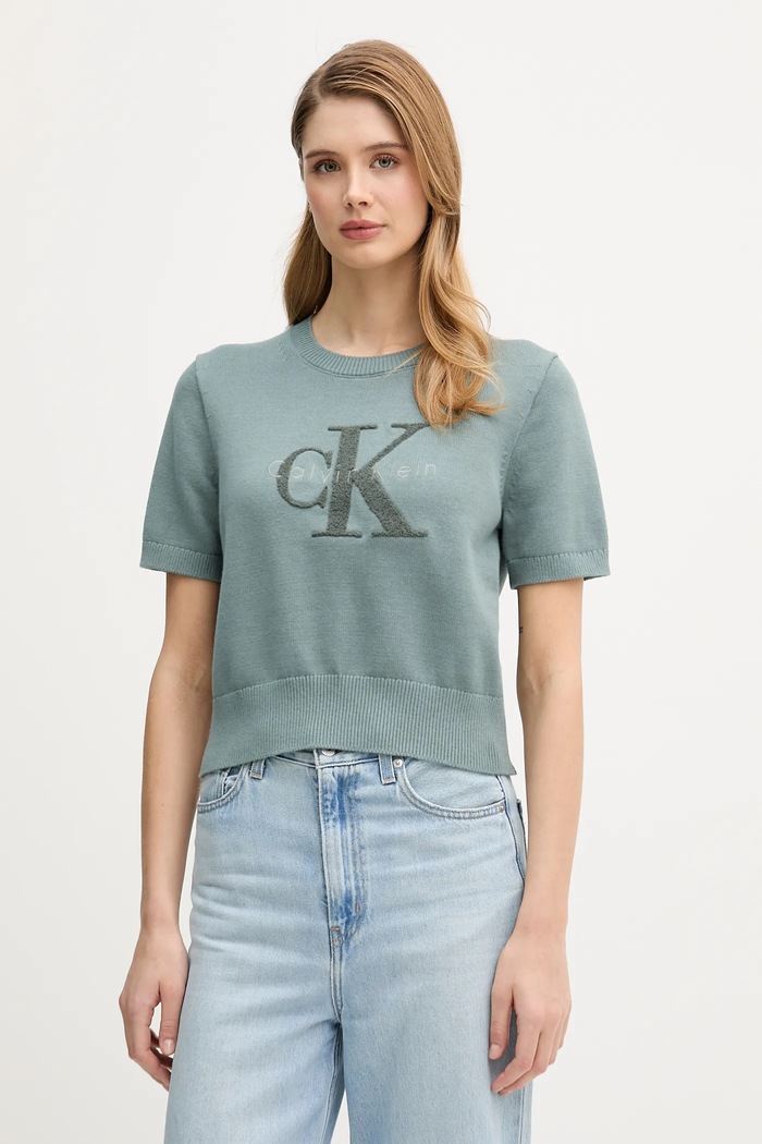 Памучна тениска Calvin Klein Jeans щампа тюркоазен LV044E306G