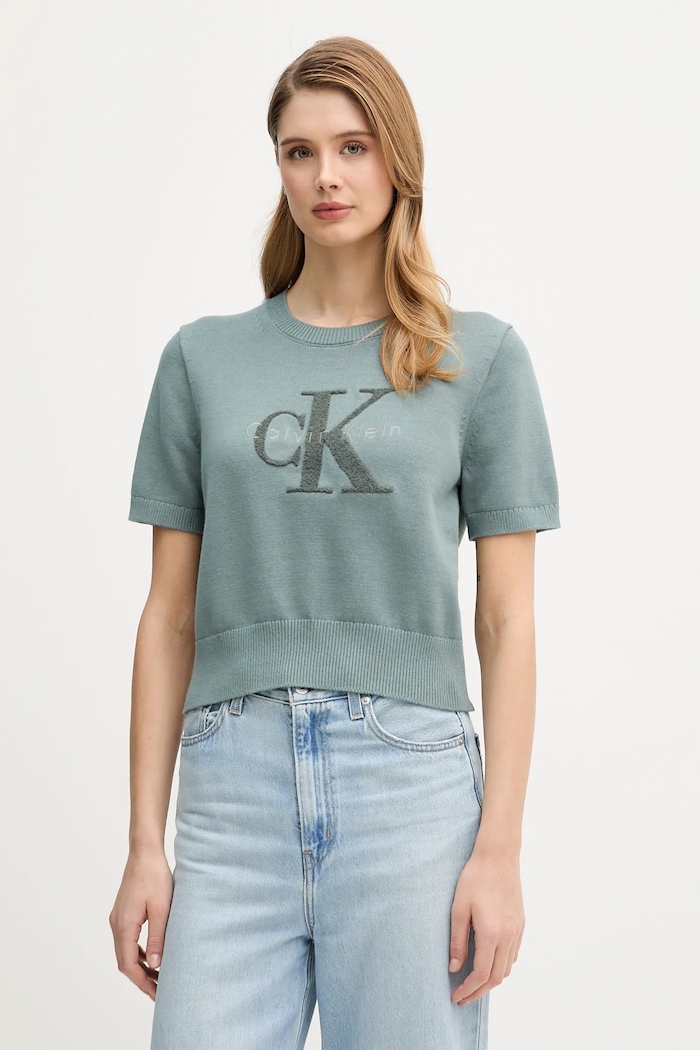 Памучна тениска Calvin Klein Jeans щампа тюркоазен LV044E306G