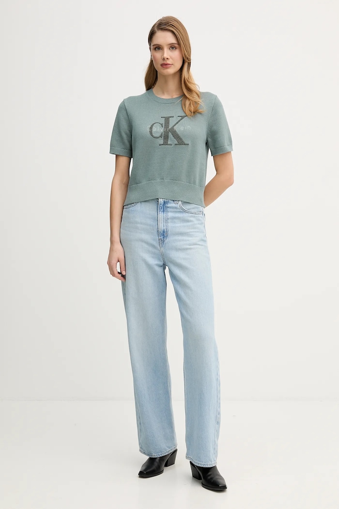 Памучна тениска Calvin Klein Jeans LV044E306G тюркоазен SS26