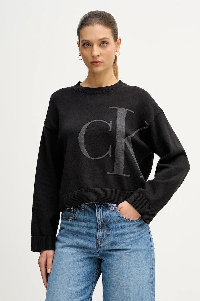 Calvin Klein Jeans pamut pulóver pamut fekete LV047E304G