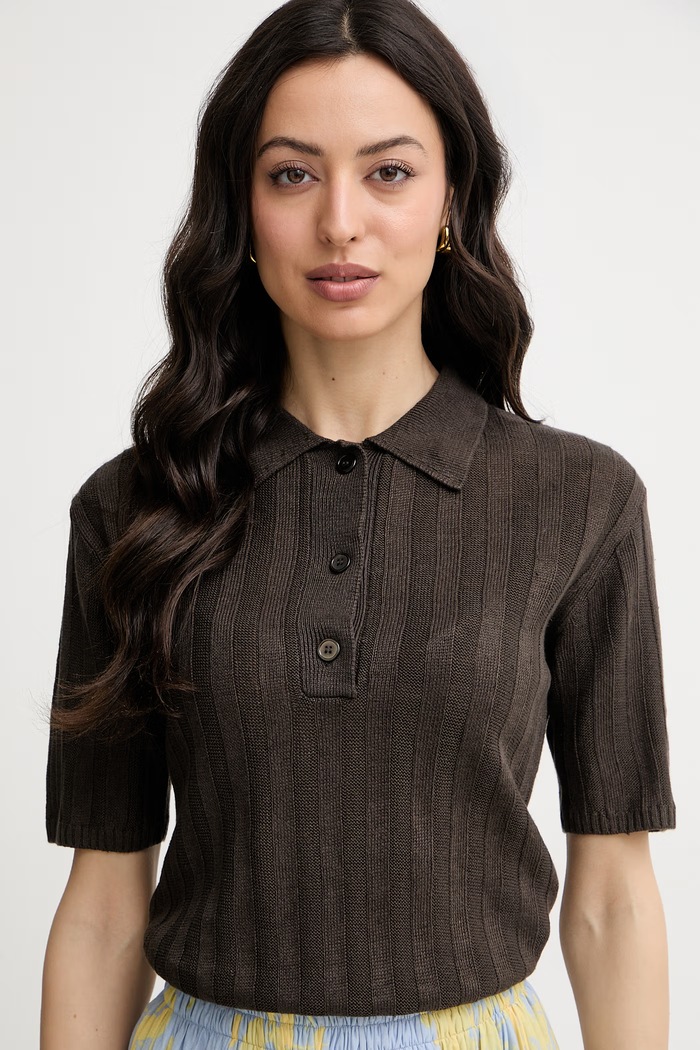 MM by Max Mara πλεκτό μπλουζάκι πόλο γυναικείο λινό RIVETTO καφέ 2616361018600