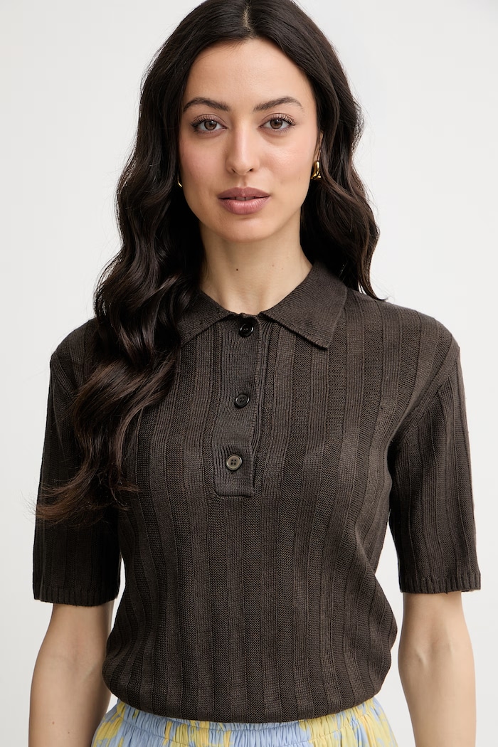 MM by Max Mara πλεκτό μπλουζάκι πόλο γυναικείο λινό RIVETTO καφέ 2616361018600