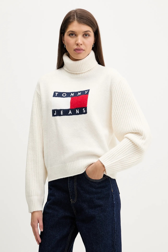 Svetr z vlněné směsi Tommy Jeans rolák béžová DW0DW22108