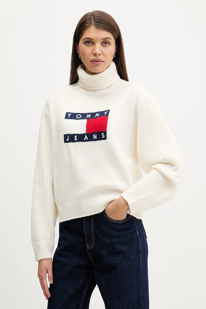 Svetr z vlněné směsi Tommy Jeans rolák béžová DW0DW22108