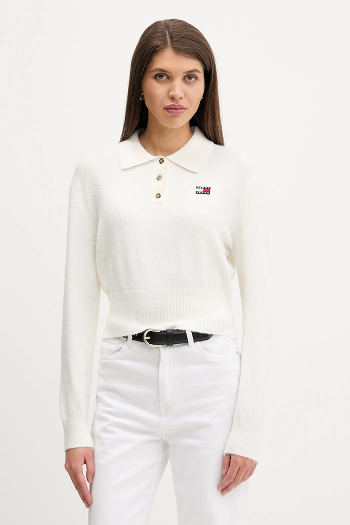 Svetr s příměsí alpakové vlny Tommy Jeans propínací béžová DW0DW22558