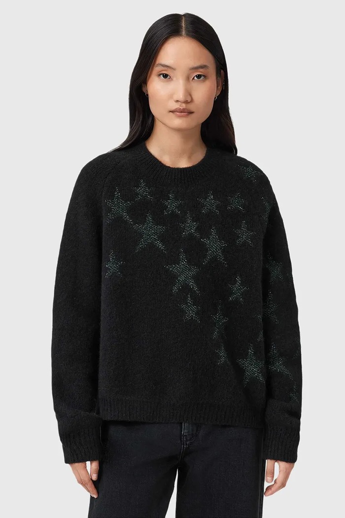 AllSaints sweter z dodatkiem wełny aplikacja czarny W089KD